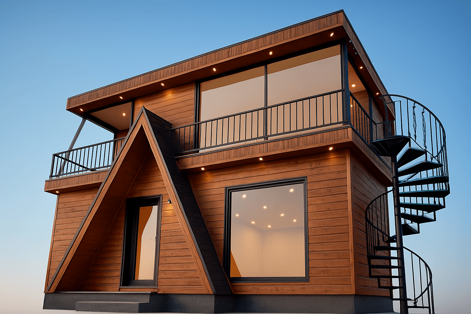 کانکس روف‌دار دوطبقه با نمای چوبی مدرن – طراحی ویژه ویلایی